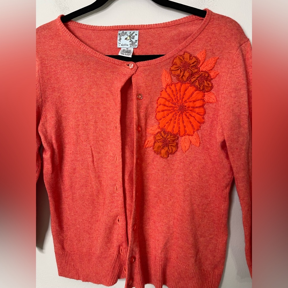 Tabitha Anthropologie lightweight cashmere wool cardi silk floral appliqué sz M - Picture 5 of 8